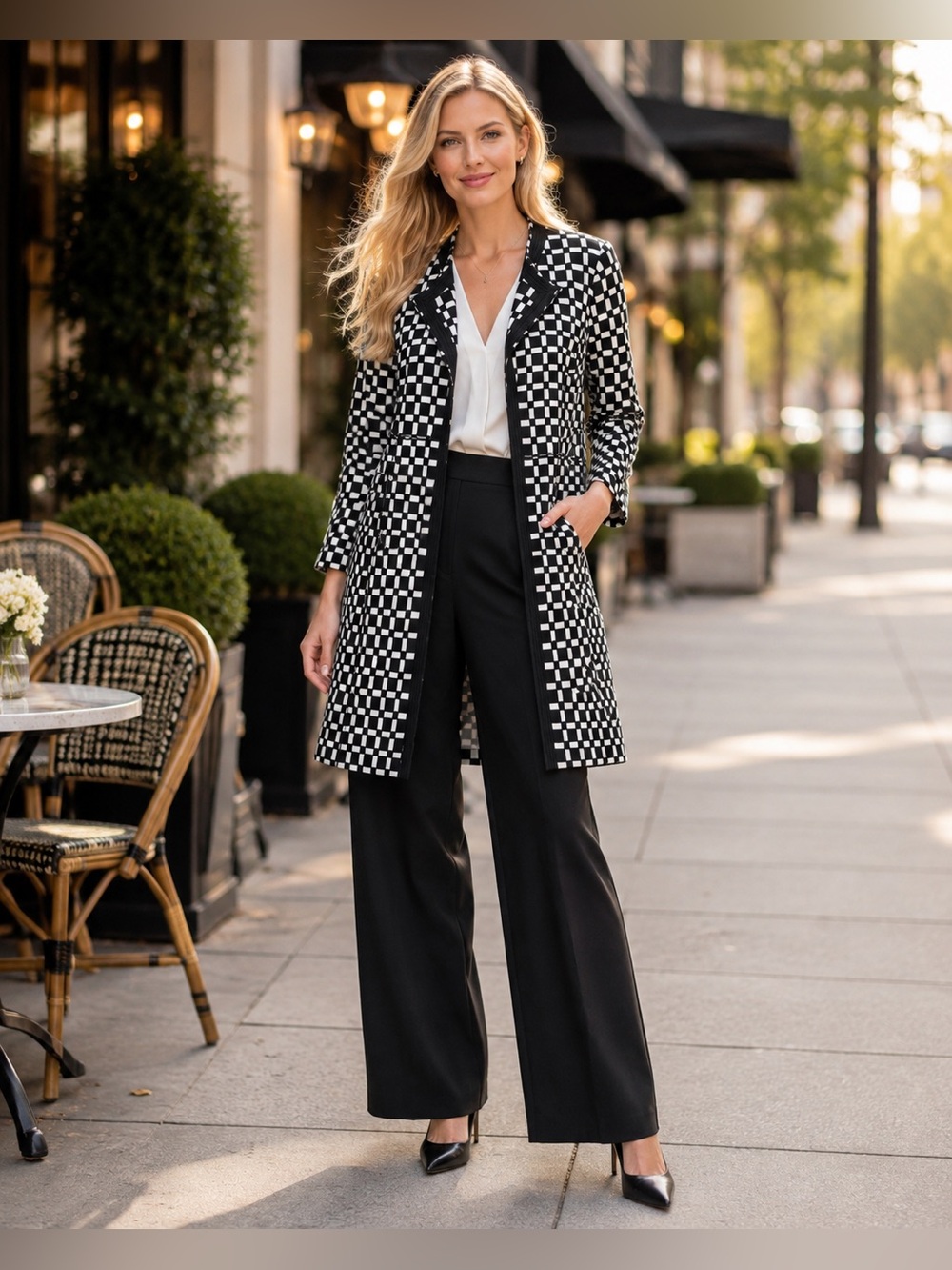 White House Black Market Black & White Checkerboard Long Blazer Geometric 10